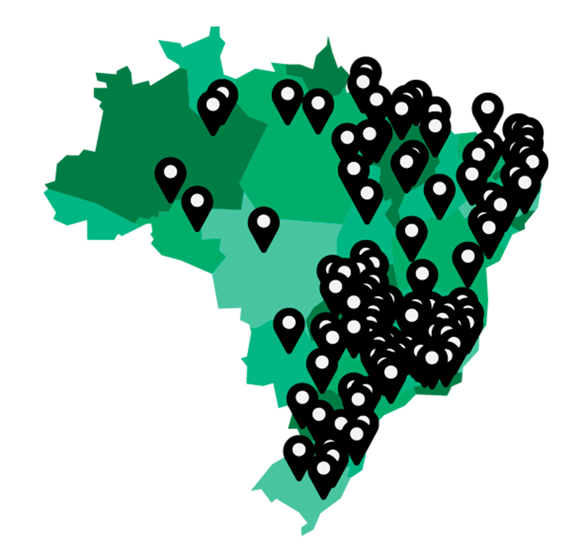 Mapa do Brasil com marcadores indicando os vários locais onde o iScholar atua