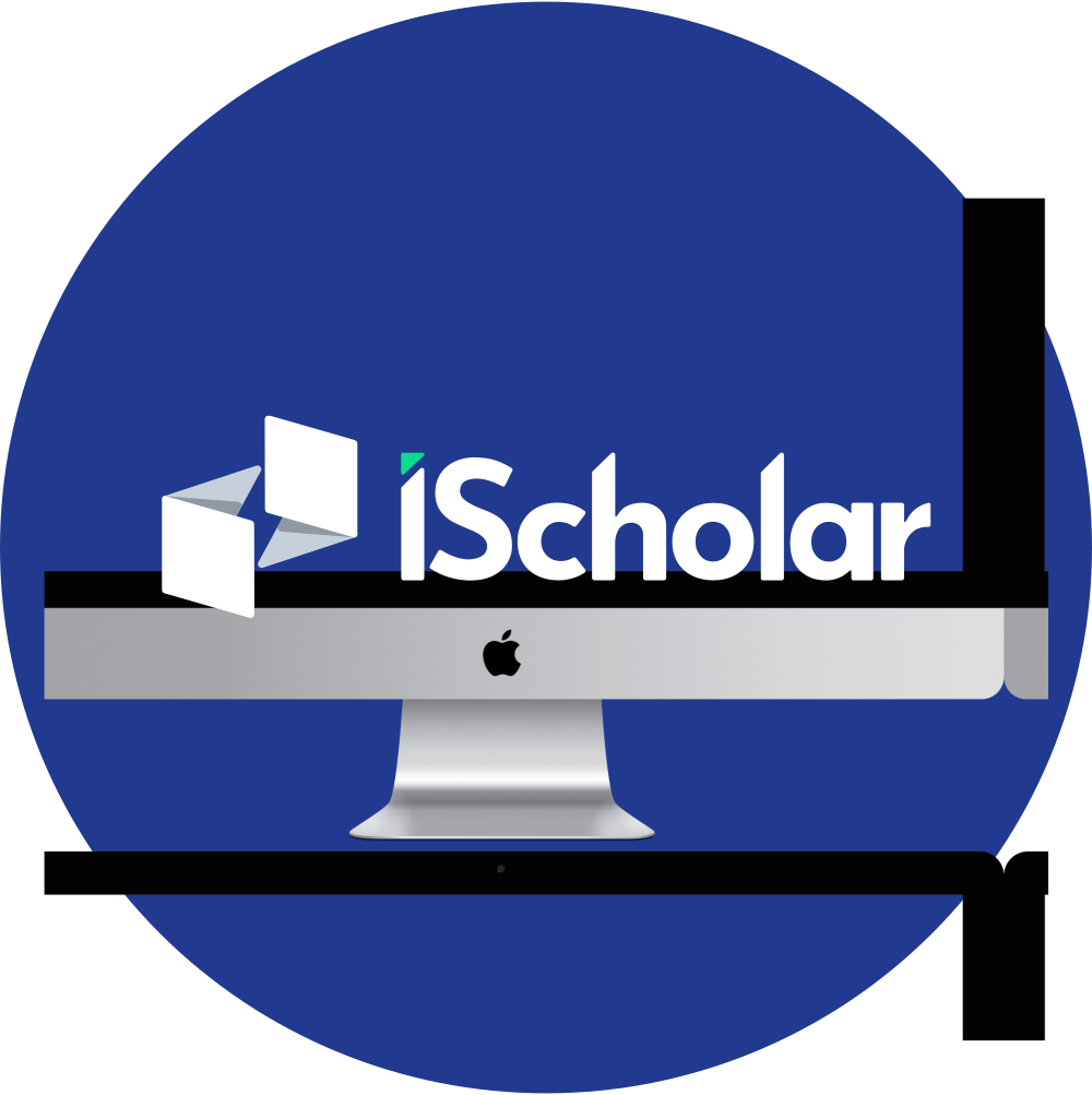 Logo do sistema de gestão escolar iScholar dentro da tela de um computador