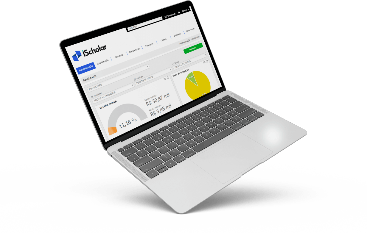 Notebook exibindo uma tela do sistema de gestão iScholar